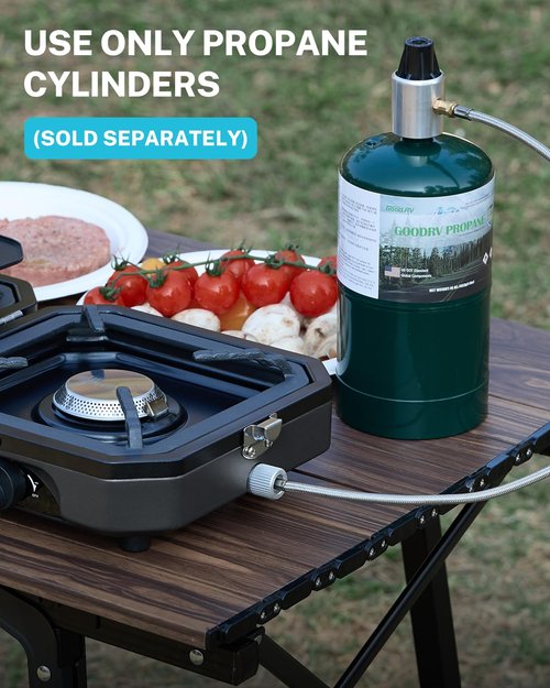 Gonex 2 Burner Propane Camping Stove with Griddle & Grates, Portable Foldable Cooking Stove with Total 16,000 BTU, Two Piezo Ignition Adjustable Burners for Camping, Patio, Emergency, Hiking (Black)