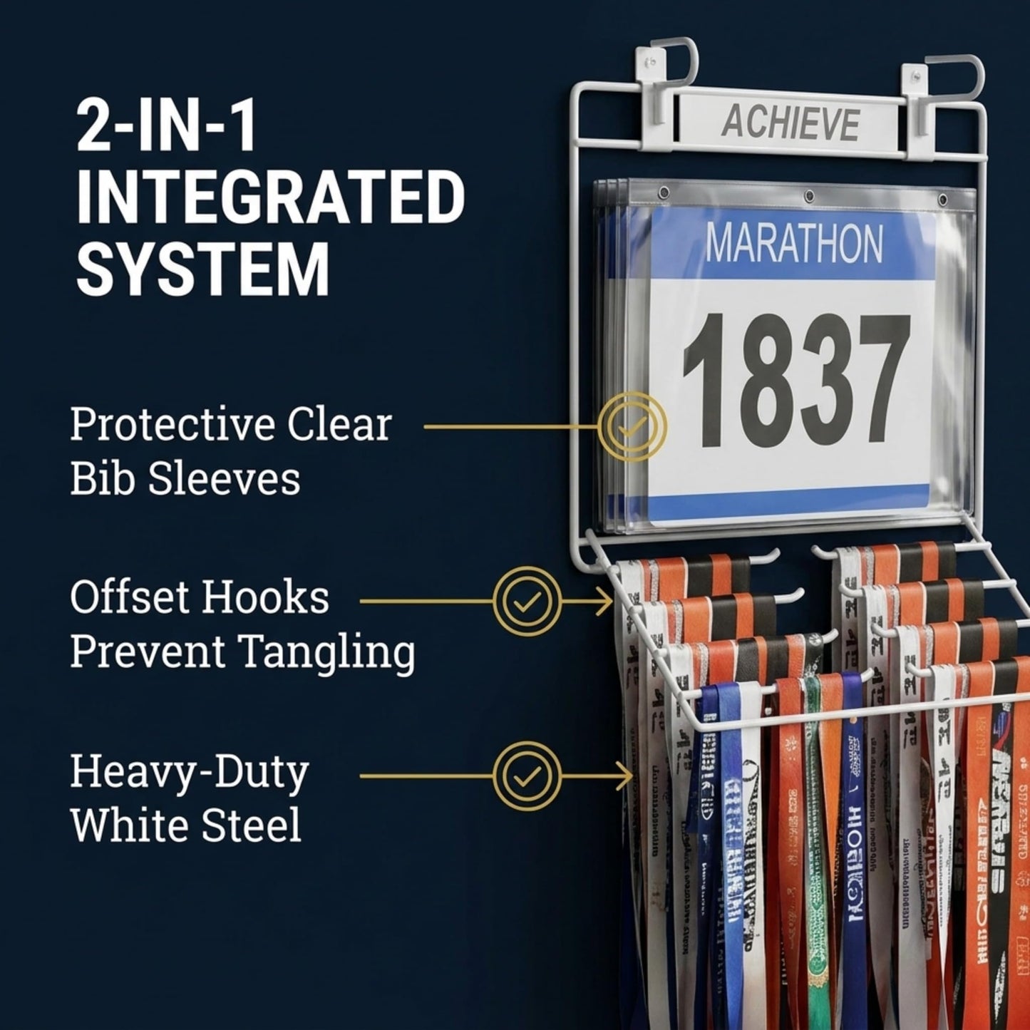 Performore 2-in-1 Wall-Mount Medal & Bib Display Rack | Metal Steel Organizer Rack with 12 Clear Bib Pockets, Hooks & Mounting Kit | Holds 40+ Medals & Bibs | Home, Gym, Sports Room