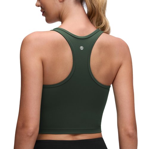 CRZ YOGA Butterluxe Racerback Crop Tank Tops for Women - Padded Y-Back Longline Sports Bras Scoop Neck Workout Yoga Legend Green Medium