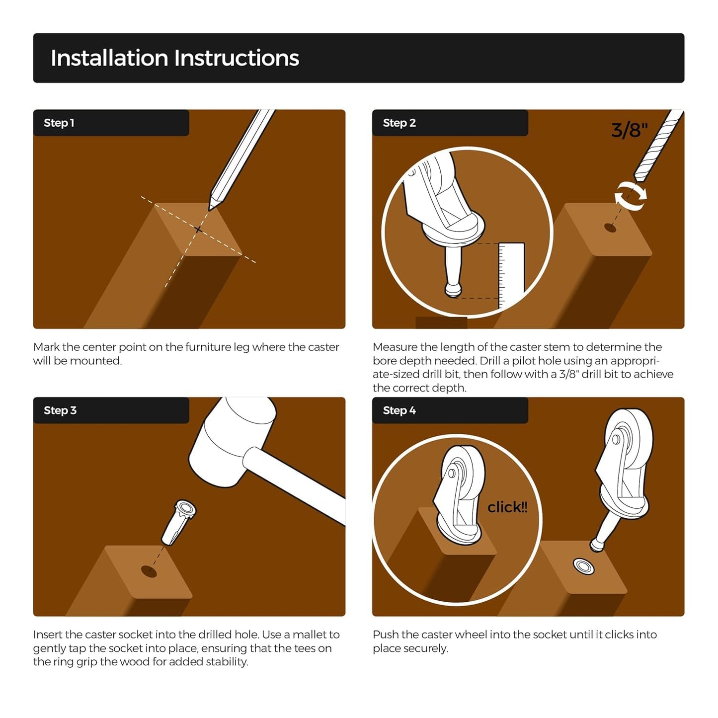Antique Brass Caster with Plastic Wheel - 2" Wheel Diameter - Pack of 4 - Stem Caster Wheels with Ball Bearings for Table, Sofa, Chest, Dresser, Cabinet, Cart, Chair - Furniture Rollers - CW1-SAB