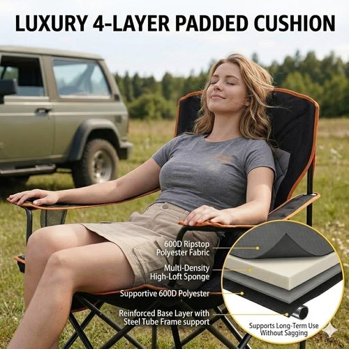 Fair Wind Heavy Duty Camping Chair - 350LBS Capacity, Fully Padded with Cup Holder & Side Pocket | Portable Lawn Chair for Tailgating, Beach & Sports