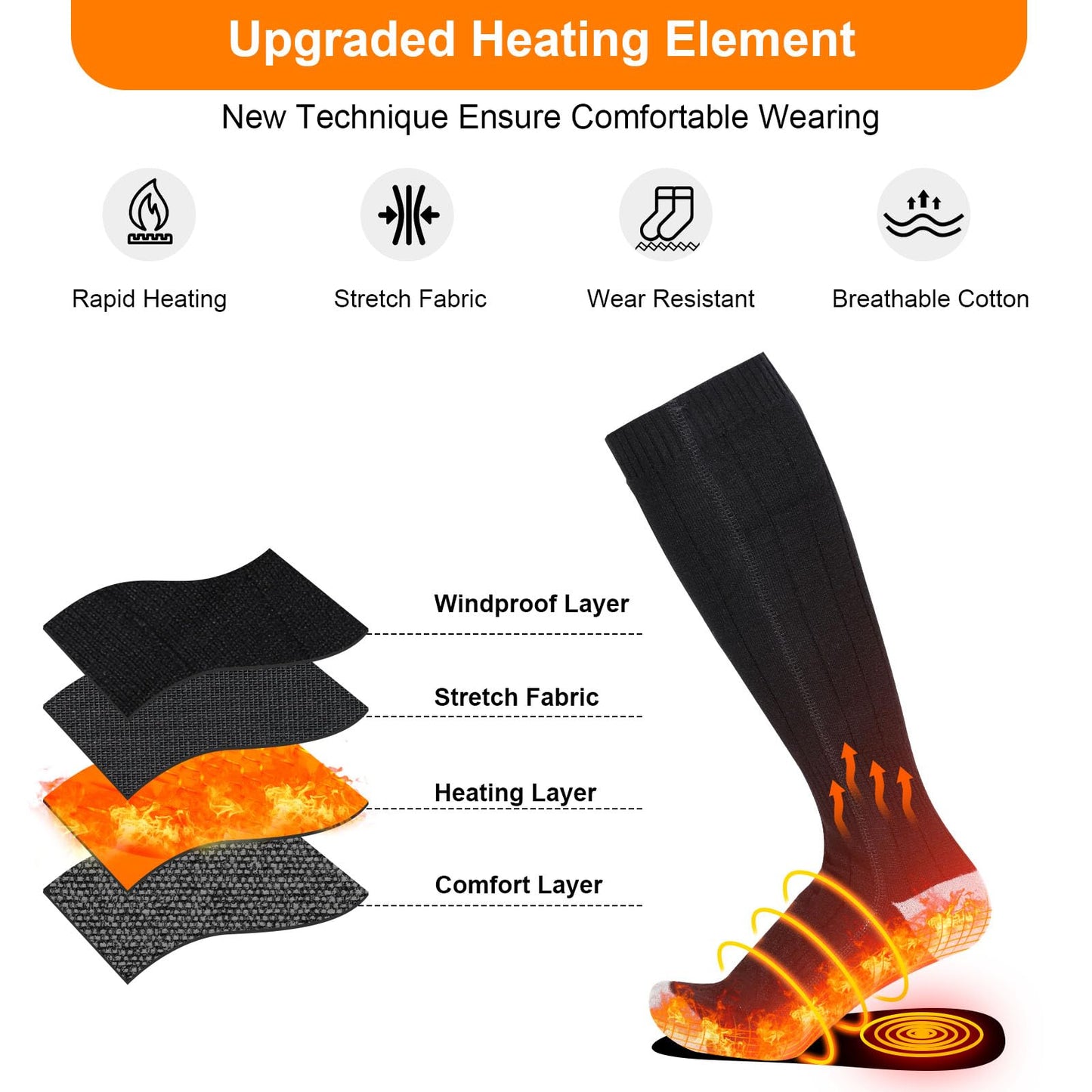 Heated Socks, Electric Heated Socks for Men Women, Rechargeable Battery Heat Up to 8 Hours, Winter Washable Thermal Socks Foot Warmer for Outdoor Camping Skiing Fishing Hunting (Black & Light Grey)