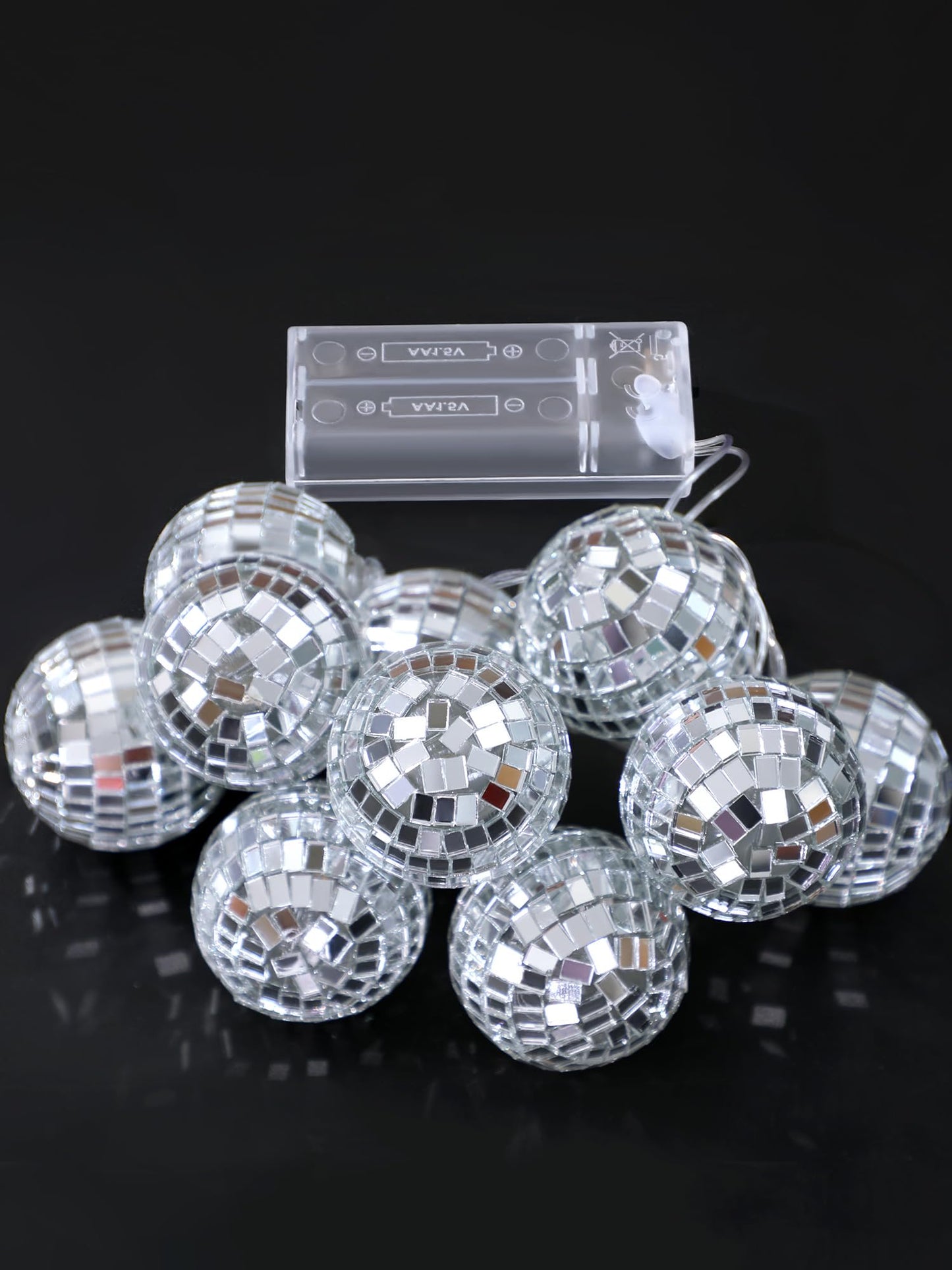 BBTO LED Disco Ball String Light Battery Powered Mirror Balls Ornaments for Outside Backyard Porch 70s 80s Disco Party Supplies(1.18 Inch,Silver White)