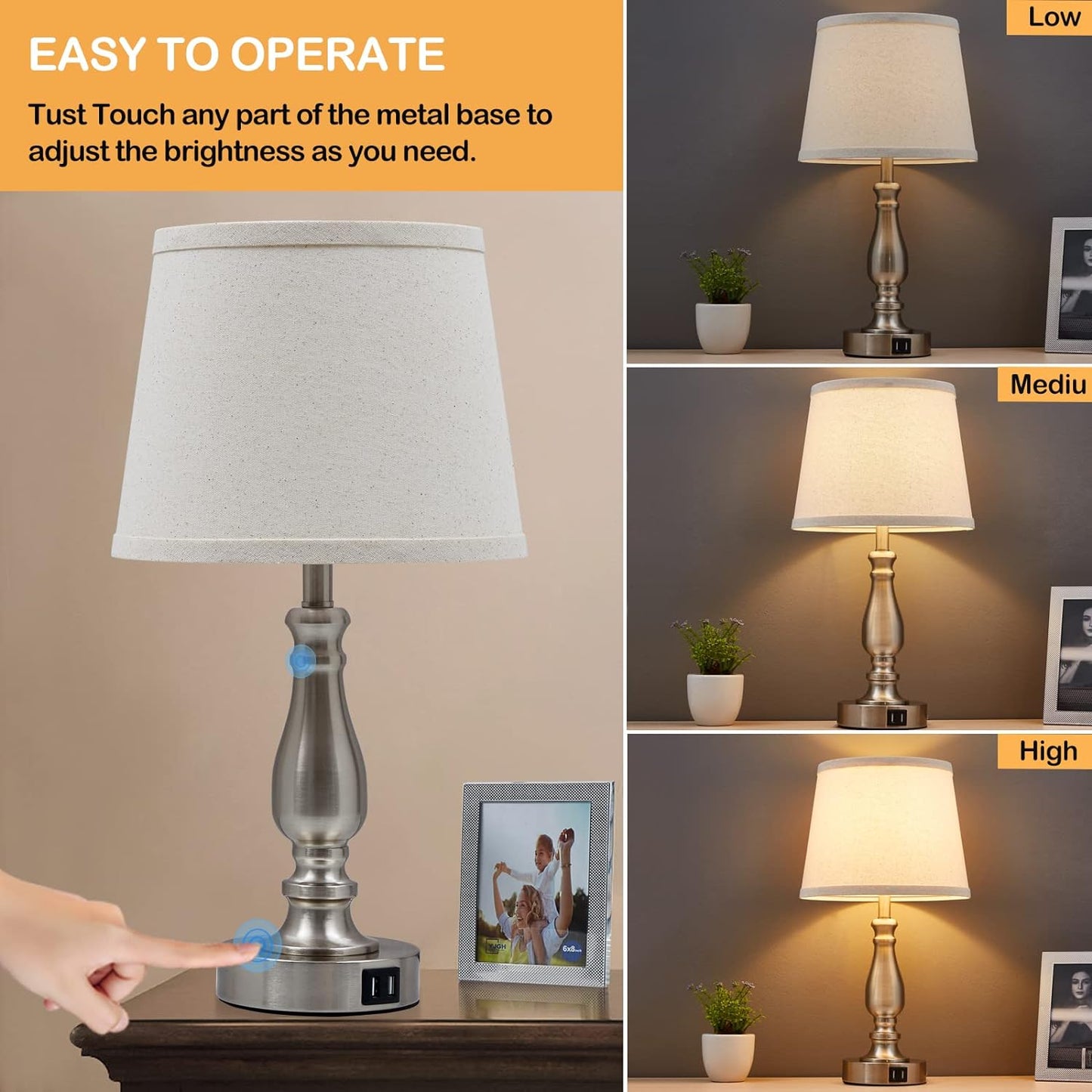 Touch Bedside Table Lamps Set of 2 with USB C+A Ports - 3-Way Dimmable Linen Shade