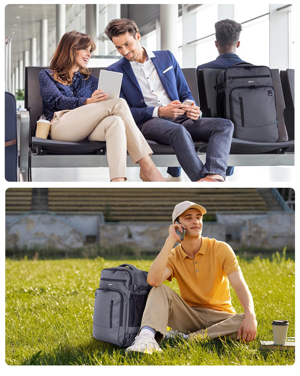 ECOHUB 17" Small Travel Backpack, United Airlines Personal Item Bag 17x10x9 with 16 Pockets, Water Resistant Rucksacks Fit 15.6" Laptop, AirTag Pocket, Lightweight Casual Daypack, 25L, Grey Green