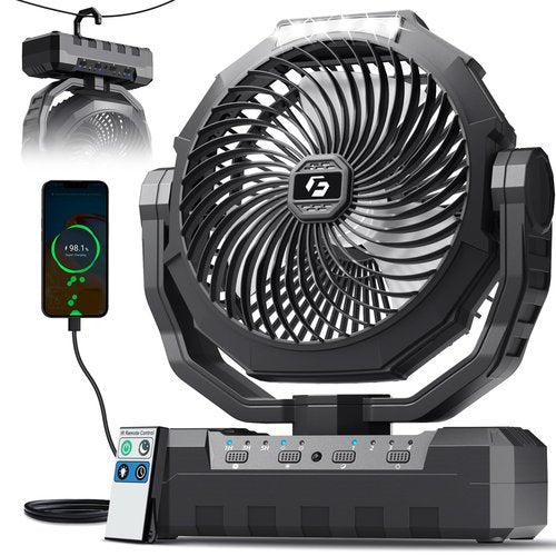 FRIZCOL 3-in-1 Camping Fan - Portable Fans Rechargeable - 24000mAh Battery Powered Fan with Light & Remote for Indoor, Outdoor, Tent, Travel, Fishing, Jobsite, Gifts for Men Dad Him - Black