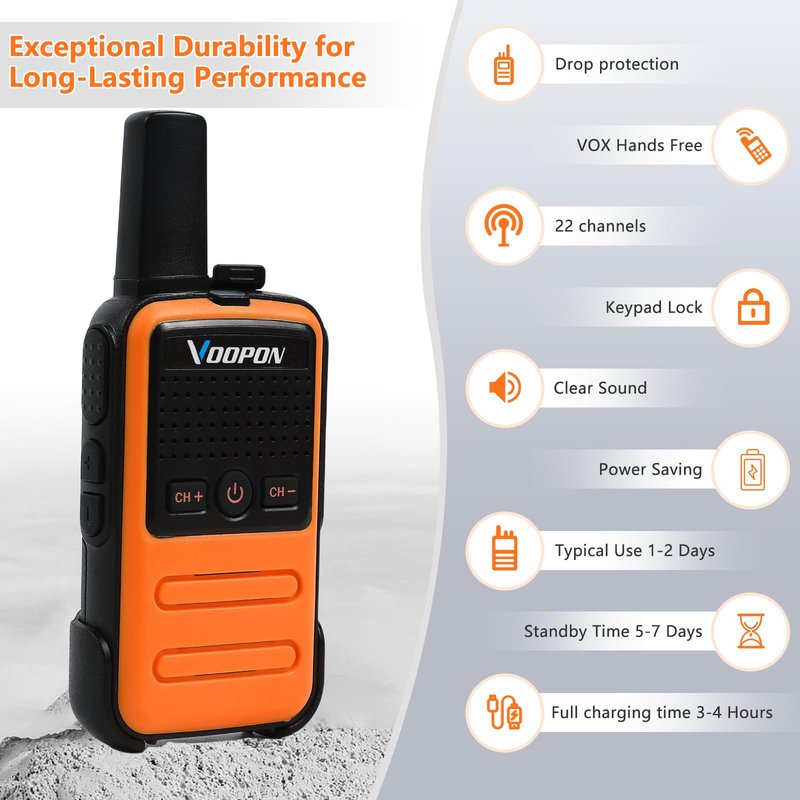 Voopon Rechargeable Mini Walkie Talkies C56TB for Adults Two Way Radios Long Range Compact Transceiver with USB C Charger for Family Hiking Camping Cruising Skiing Shop (2-Pack)