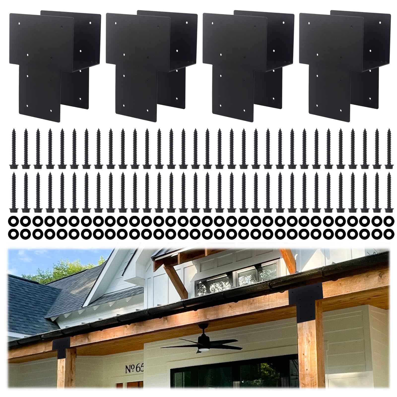 2PC 6x6 Post Cap Tie Bracket (Post 5.5"x5.5" / Beam 3.5"x5.5") – Heavy Duty Stainless Steel Wood Beam Connector, Post to Beam Support for Deck, Pergola, Patio – Black