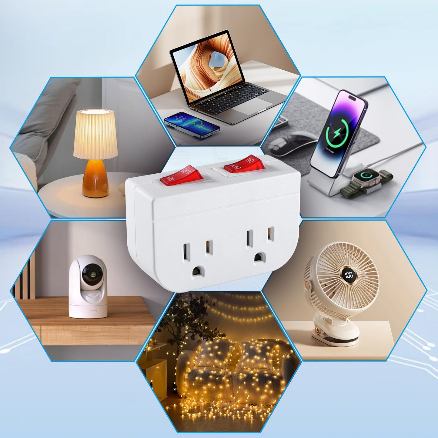 Grounded Outlet with Double ON Off Switch,VSEER 2 Port Electrical Outlet Plug Switch 15A 1875W / Wall Tap Adapter with Daul Red Indicator, ETL Listed (White 2-Pack)