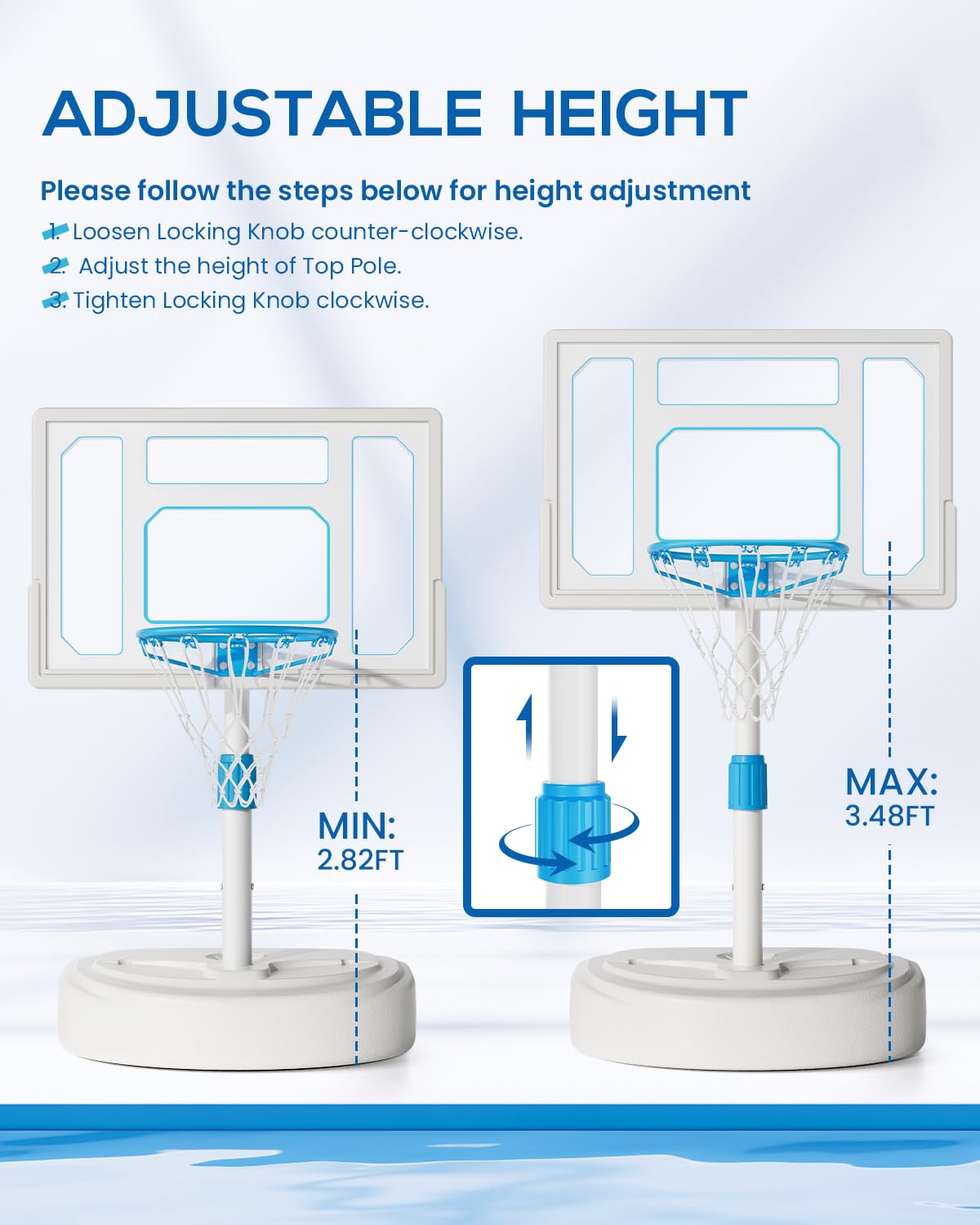 Stainless Steel Pool Basketball Hoop Poolside, Adjustable Swimming Pool Basketball Goal with 32 Inch Shatterproof Backboard, Poolside Water Basketball Hoop, 2 Balls & Pump Included (32in Pool Hoop)