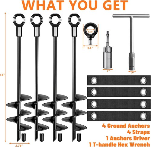 Fabulas Ground Anchors - Heavy-Duty 16-Inch Trampoline Stakes | High Wind Tie Down Kit (4 Pack)