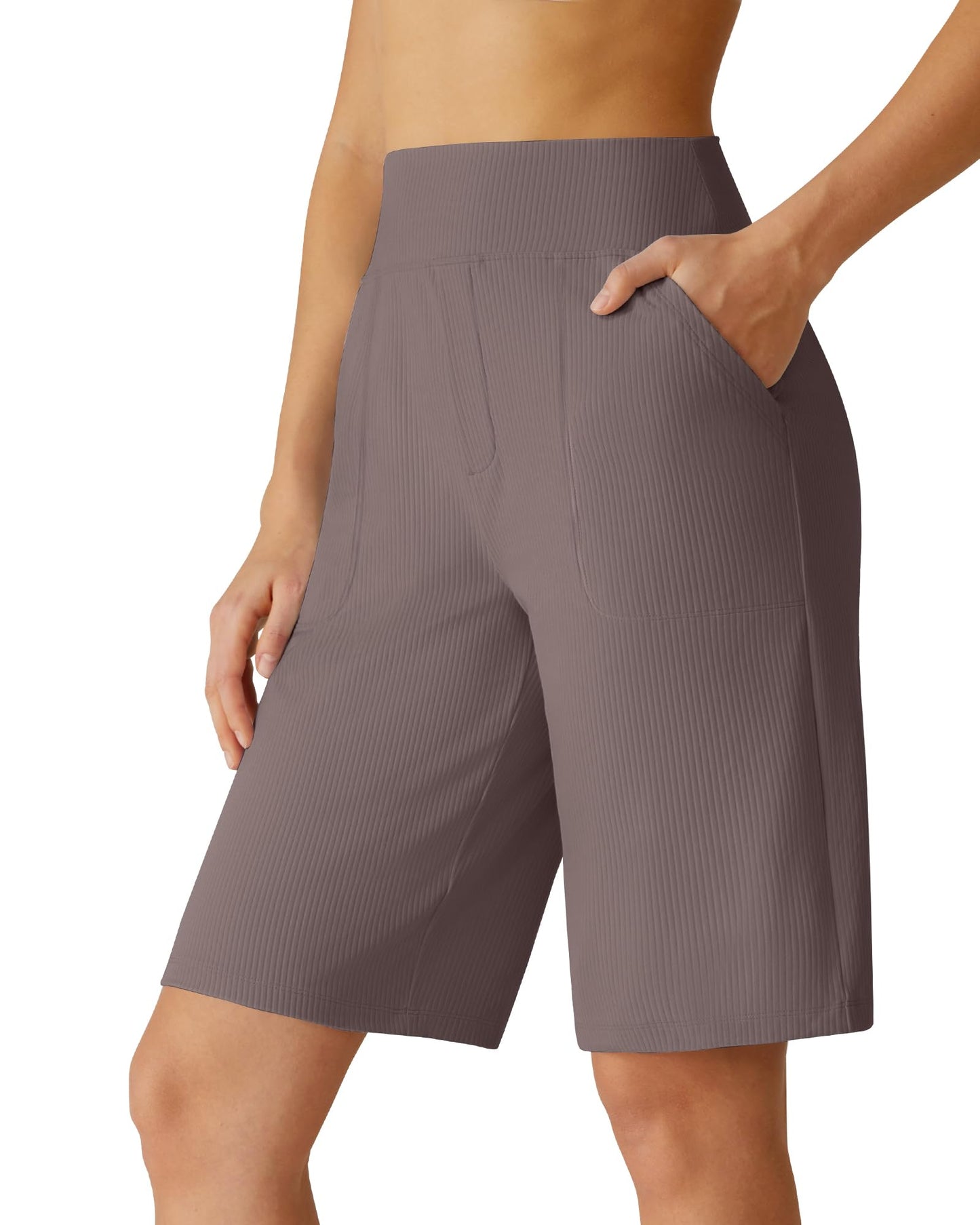 G4Free Athletic Bermuda Shorts Women 10'' Knee Length Wide Leg Loose with Side Pockets Yoga Waistband for Work (Taupe,L)