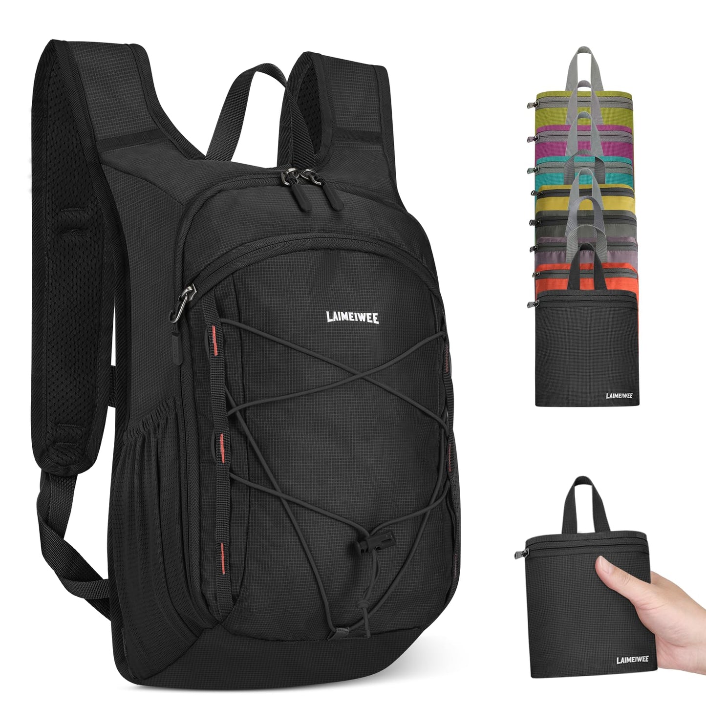 LAIMEIWEE 13L Small Hiking Backpack for Women Men, Lightweight Foldable Day pack, Packable Daypack for Travel, Camping (Black)