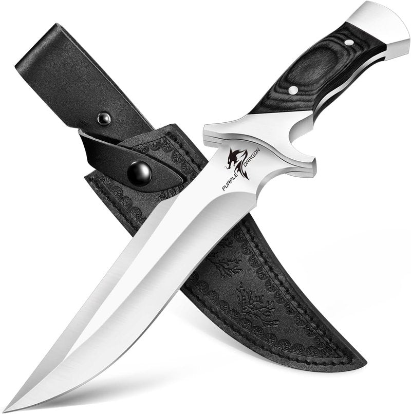 Purple Dragon Camping Fixed Blade Knife with Sheath,6 Inch Outdoor Knife Full Tang 440C Steel Bushcraft Knives with Redwood Handle-Outdoor Gear Christmas Gift for Men and Women Black
