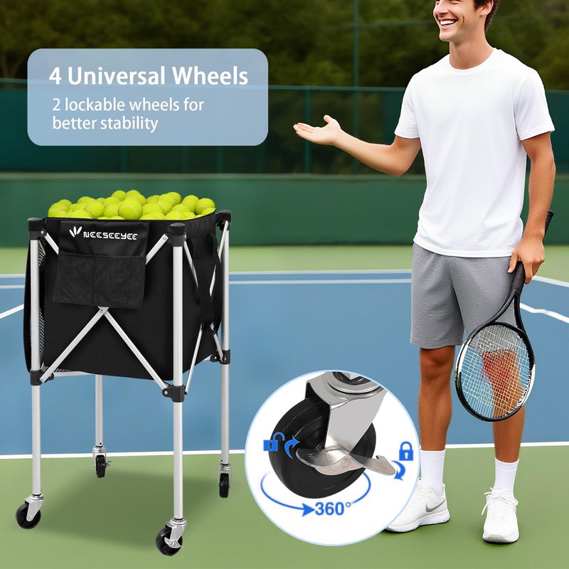 NEESEEYEE Sturdy Pickleball Tennis Ball Hopper - Foldable Lightweight Tennis Cart Holds 240 Tennis/180 Pickleballs with Removable Bag, Wheels, Side Pocket for Training/Teaching