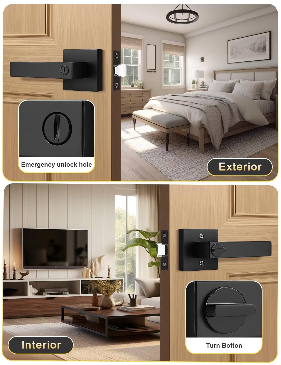 Tinewa 5 Pack Square Privacy Door Levers Locksets in Matte Black Finish, Bed/Bath Door Levers Keyless Interior Handles,Reversible for Left Right Handed Doors