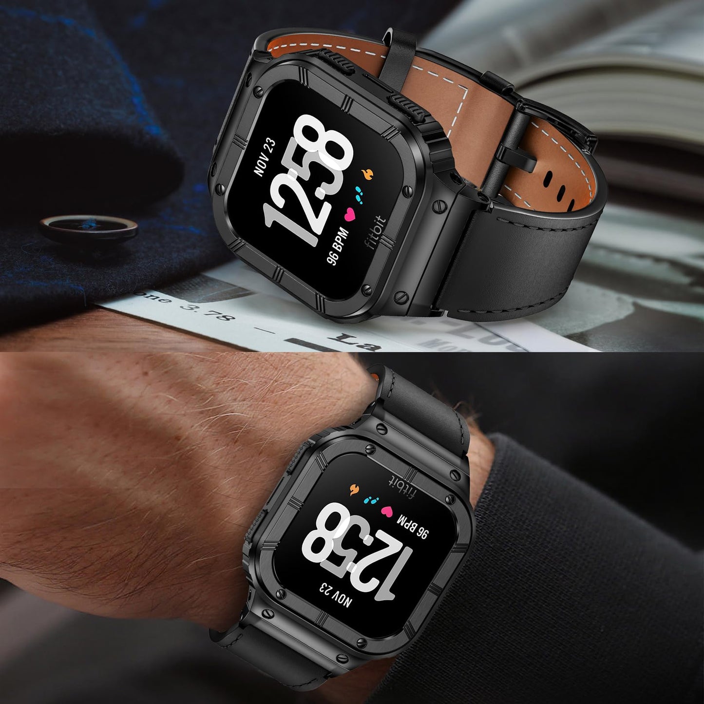BAITEYOU Leather Bands with Stainless Steel Case Compatible with Fitbit Versa 1 2 3 4 Lite Sense 2 1 Protective case for men