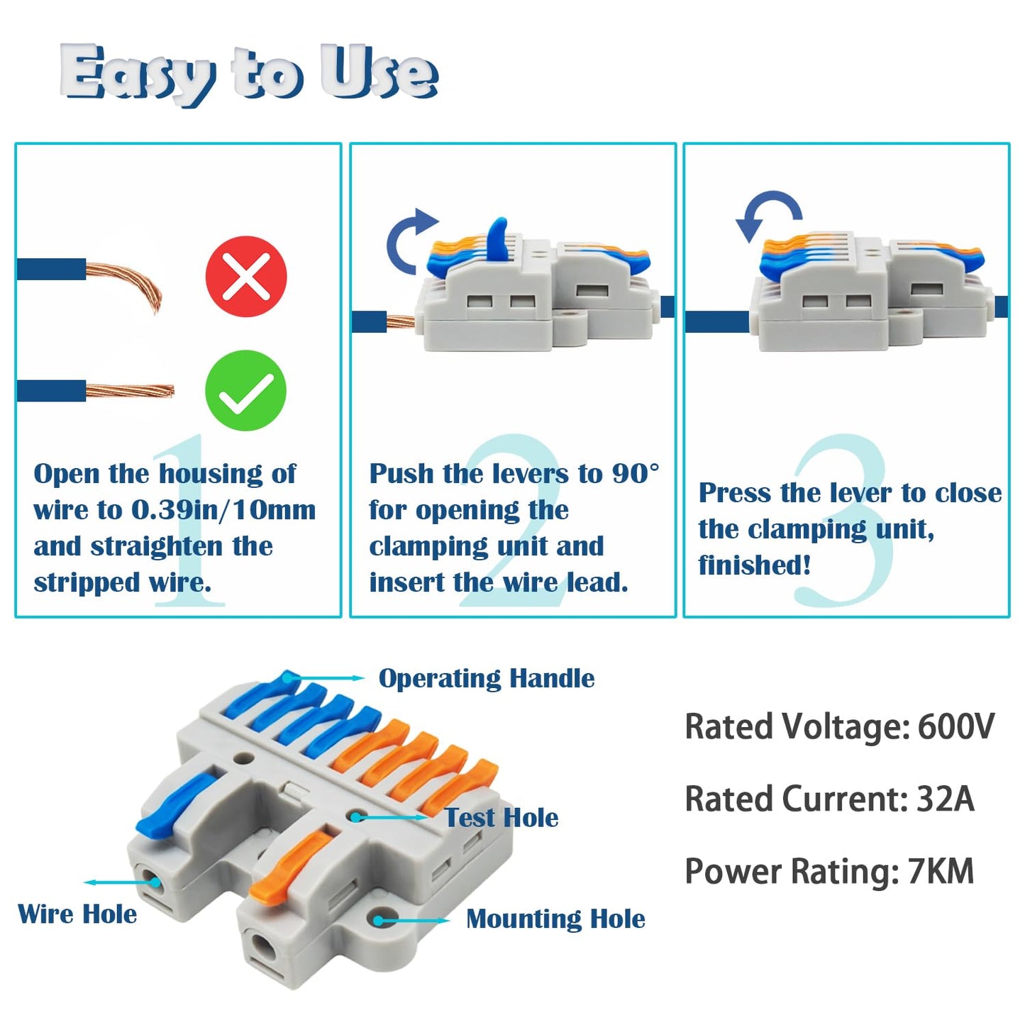 Tugermoola 9PCS Lever Wire Connectors Quick Wiring Cable Connector Electrical Lever Wire Cable Connectors Push-in Conductor Terminal Blocks (2 in 6 Out)
