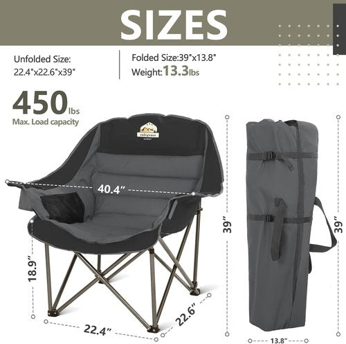 Colegence Oversized Camping Chairs - Heavy Duty Padded Lawn Chairs for Adults | Set of 2, 450LBS Support - Black & Grey