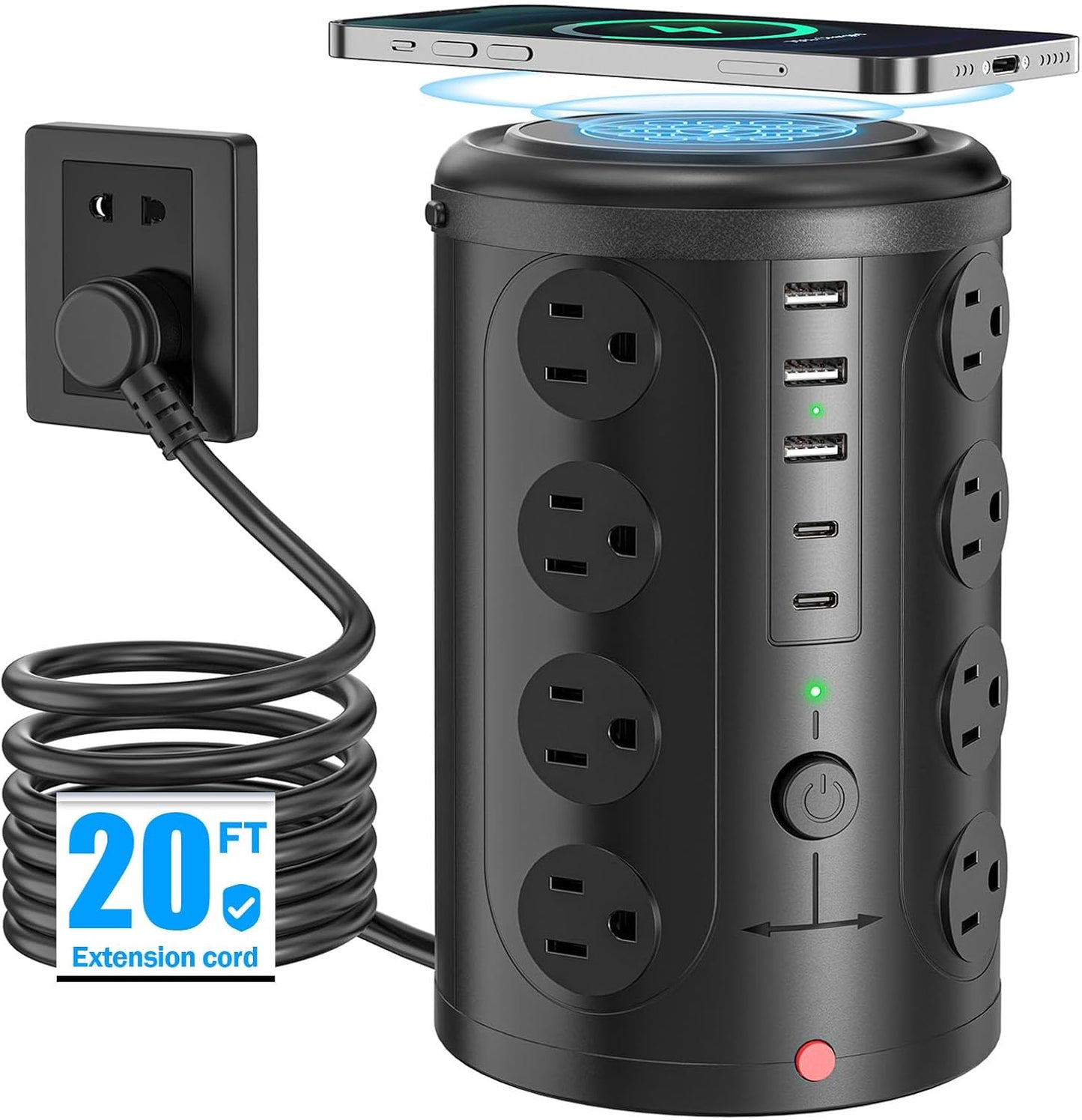 15W Wireless Charging Surge Protector Power Strip with 16 AC Outlets & 5 USB Ports - Desk Charging Station for Home, Office & Dorm Room (10FT)