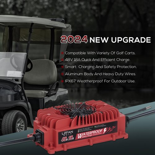 LZFAN 18 AMP Golf Cart Battery Charger for 48 Volt Club Car with Triangle 3-Pin Style Plug and Rapid Charge Cable, Portable Waterproof Golf Cart Charger Compatible with EZGO RXV & TXT