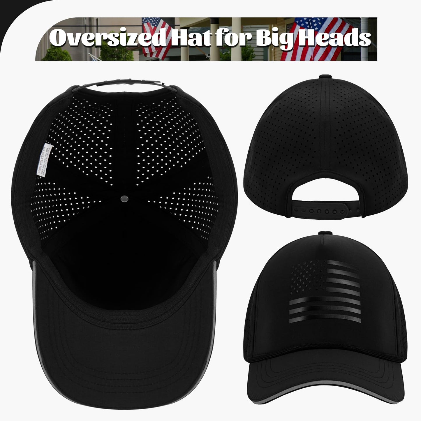 Oversize XL XXL XXXL American Flag Trucker Hat, 250th Anniversary Snapback Hats, Large USA Baseball Cap for Men Big Heads, Breathable Mesh Side, Adjustable Fit, Black/Black Flag