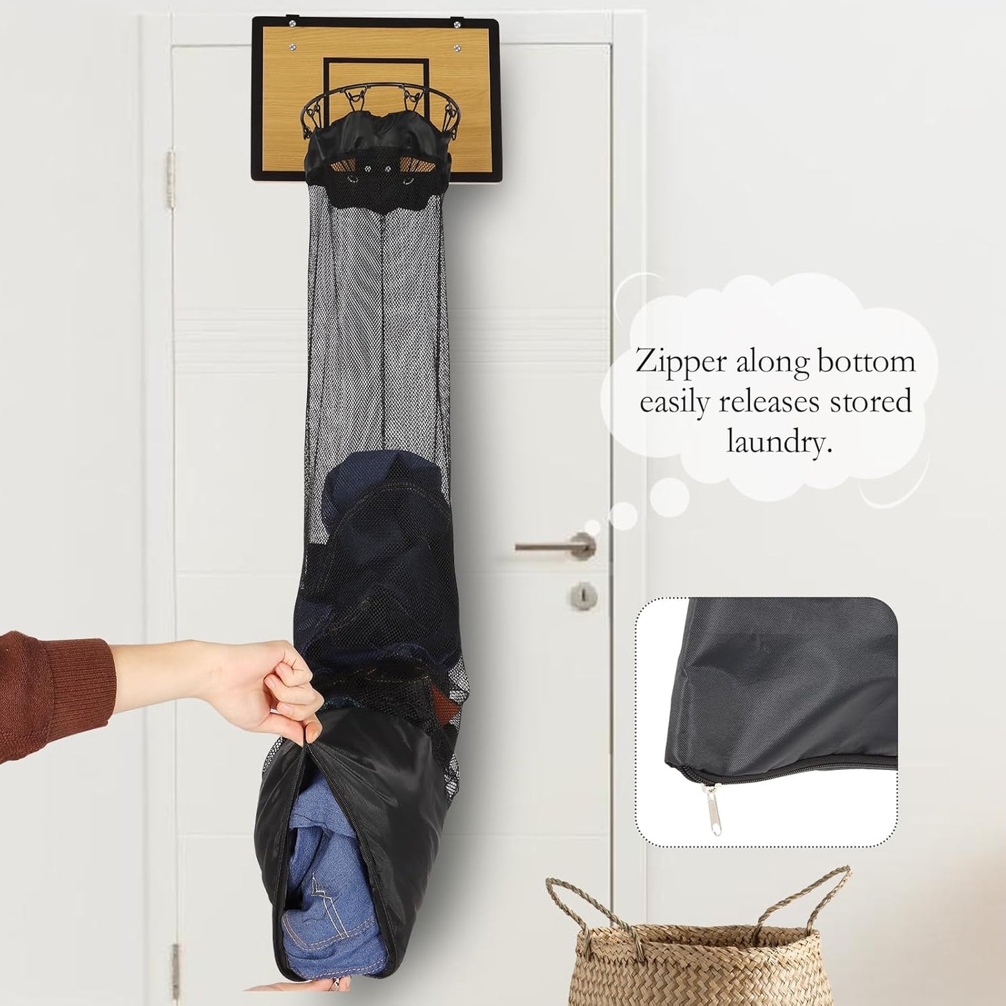 Skiennix Over The Door Basketball Hoop Laundry Basket - Wooden Hamper with Zipper for Kids' Rooms & Dorms