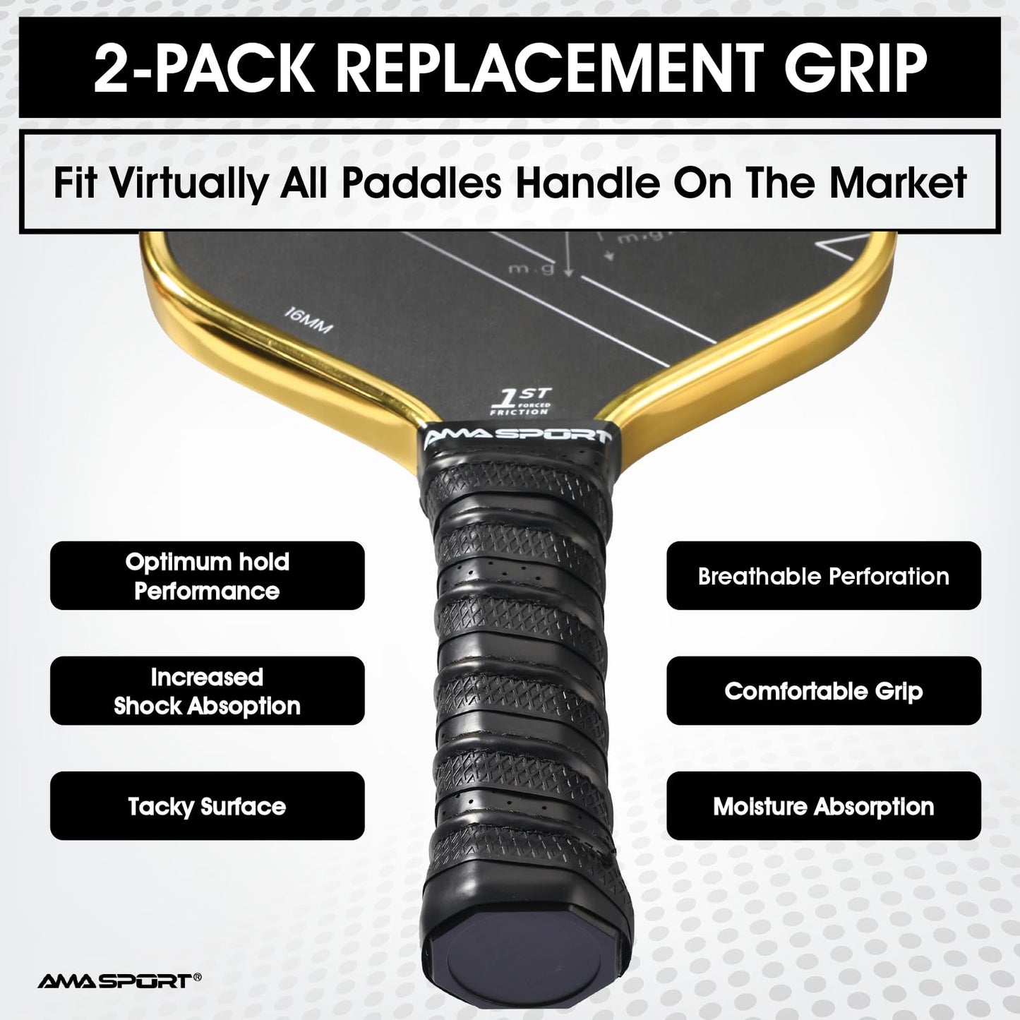 PICKLETECH Pickleball Paddle Grip Tape - 2 Pack - Perforated Embossed Replacement Grip Wrap for Pickleball Racket-Moisture Wicking Tacky Surface - Anti-Slip Ridge-Black