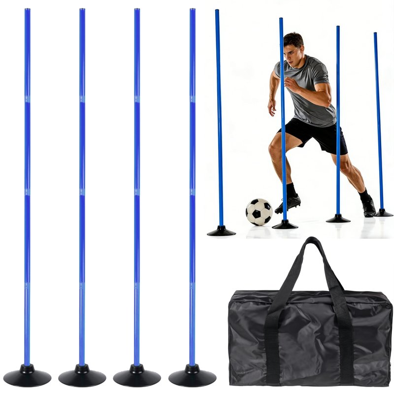 4 Pack Soccer Agility Training Poles, 5 FT Adjustable Speed and Agility Training Equipment for Football/Basketball/ Dog Practice, Bending Poles for Horses with Rubber Bases and Carry Bag (Blue)