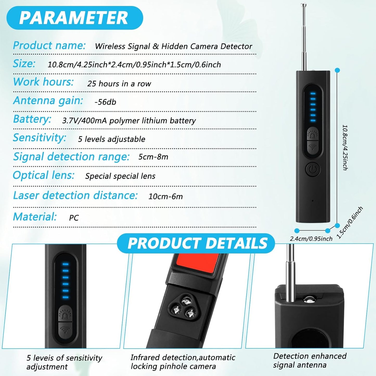 Anti-Spy Hidden Camera & GPS Tracker Detector - RF Signal Bug Sweeper, 30H Battery Life