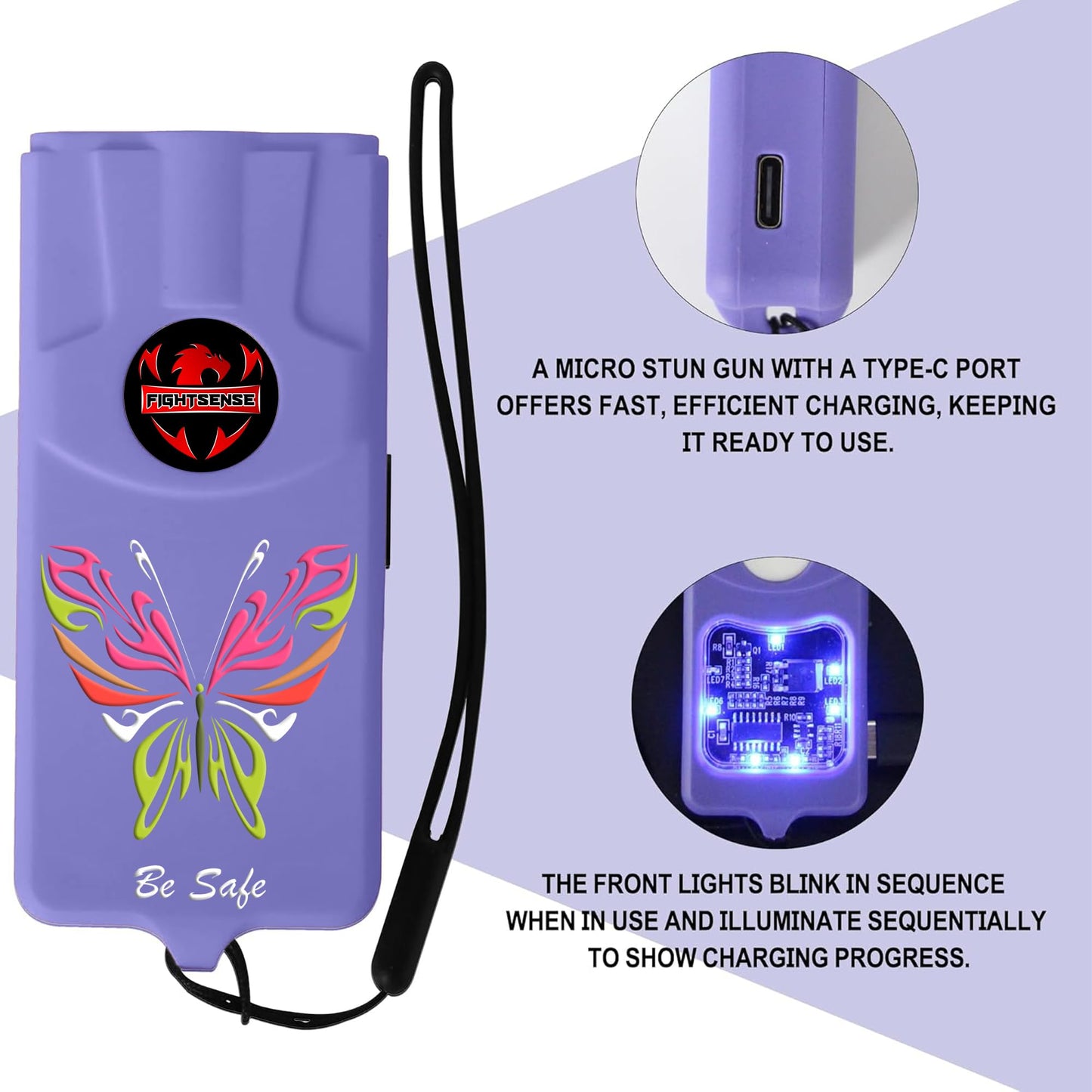 FIGHTSENSE Flashlight Stun Gun for Self Defense – Rechargeable Stun Gun for Women – Compact & Powerful Self Defense Flashlight (Purple)