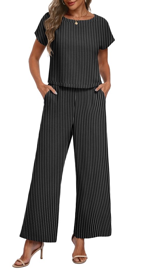 Lepunuo 2025 Summer Two Piece Outfit Cap Sleeve Top and Loose Wide Leg Pants Lounge Matching Set Tracksuit