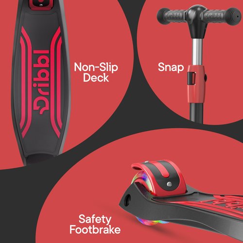 Dribbl 3-Wheel Kids Scooter - Lean-to-Steer Technology, Adjustable Height Handlebar, Anti-Slip Deck, Scooter for Boys & Girls Ages 3+, Child Safety Approved, Support Rider Up To 165 lbs, Black and Red