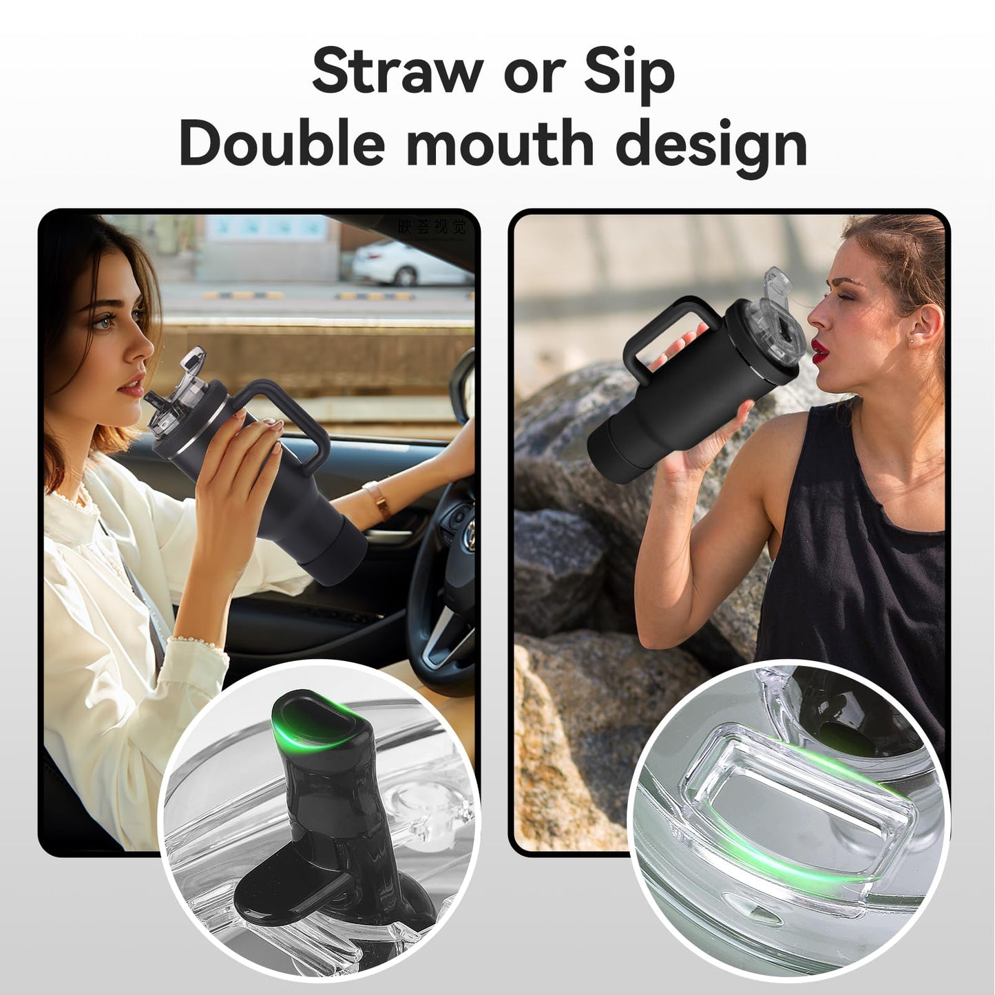 Wututir Cup Lid Replacement for 40 Oz Stanley Tumbler,Flip Straw Lid with Double Drinking Mouth, Cleaning Brush and Cup Boot 、Leakproof & Dustproof Cover for Stanley Cup Accessories (Black, 40)