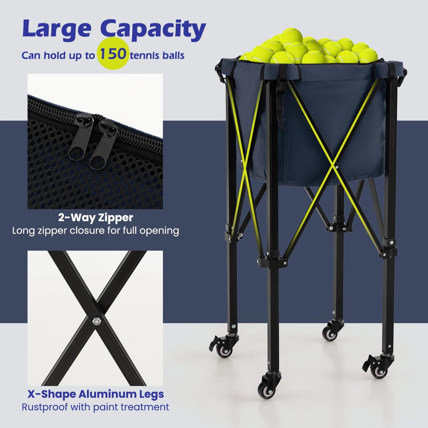SPORFIT Tennis Ball Hopper Cart with Wheels, Portable Tennis Ball Basket Holds 150 Balls, Collapsible Aluminum Tennis Basket for Balls Pickup, Pro Sports Teaching Cart for Tennis Pickleball Baseball