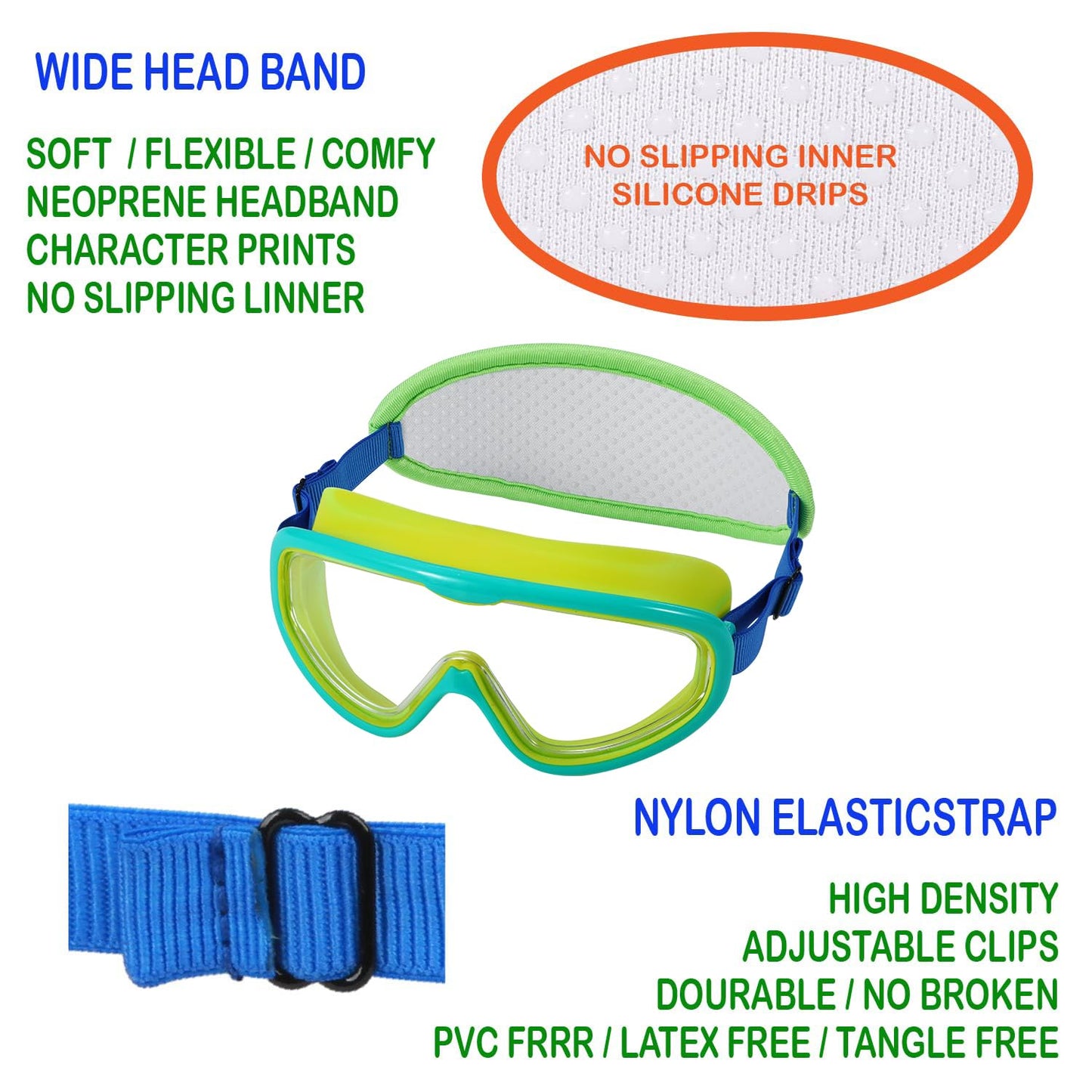 RUIGAO Kid Swim Goggles,Kids Goggles Fabric Strap,Dino Green Swimming Goggles for Kids/Toddlers 3-8