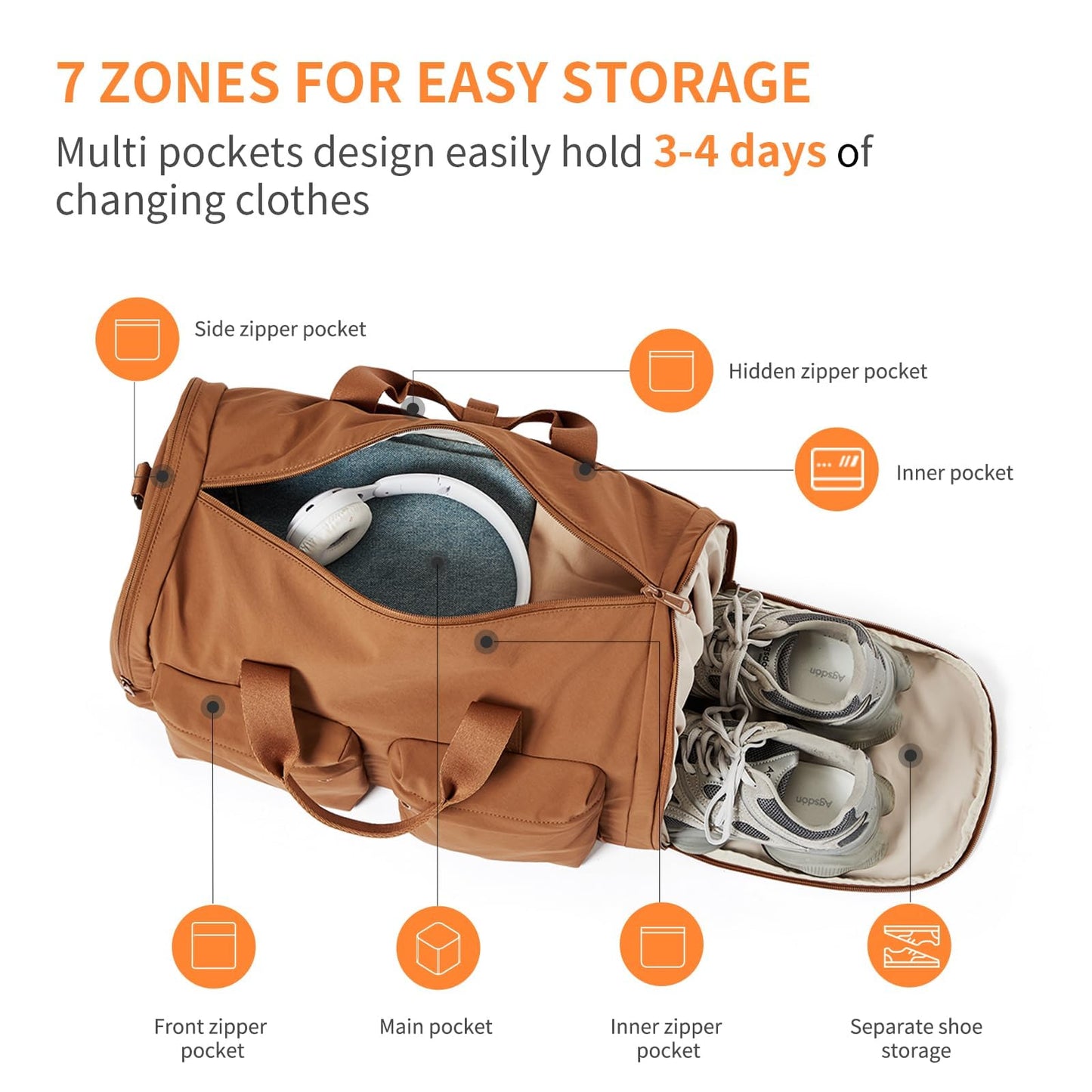 Aji Foldable Gym Bag for Women Men with Shoes Compartment, 3 in 1 Carry on Travel Duffel Bag with Trolley Sleeve, Lightweight&Water Resistant Duffel Bag for Travel, Sports, Fitness&Workout,Warm Brown