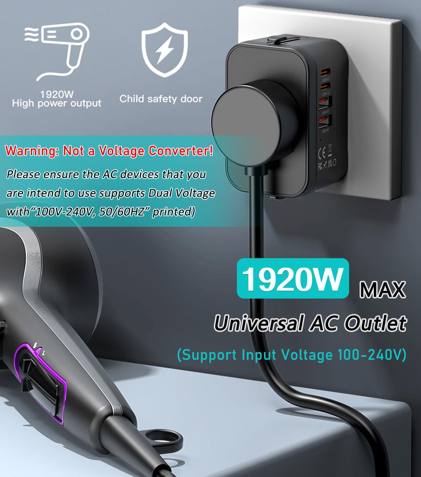 Universal Travel Adapter Worldwide, European Travel Plug Adapter with 2 USB C, 2 USB A and Multi AC Outlets, International Power Adaptor for EU US UK AUS 200+ Countries, Travel Essentials