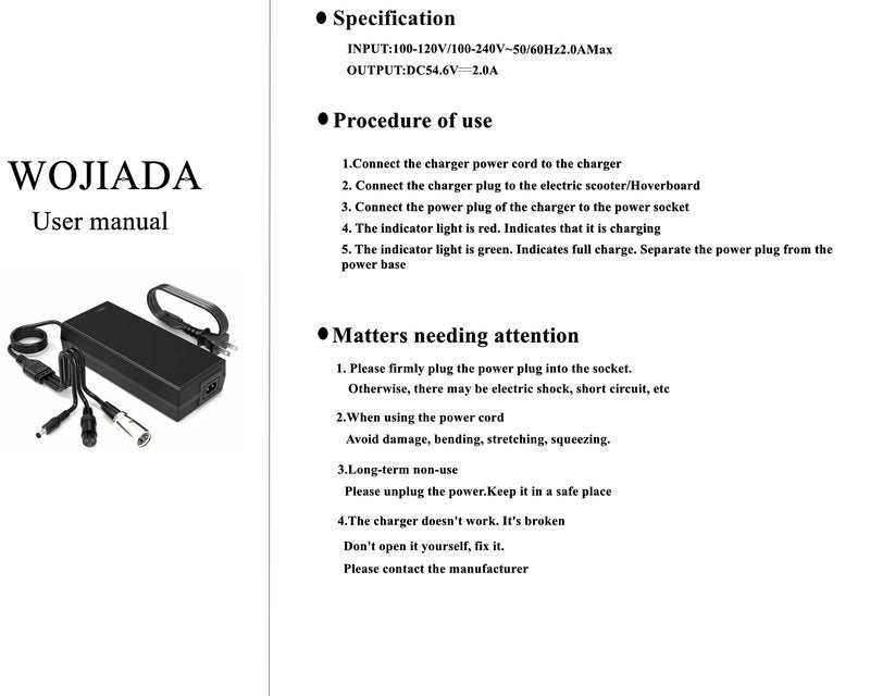 WOJIADA 54.6V 2A Electric Ebike Charger,3 Plugs for 48V Battery Charger DC5.5 * 2.5 and 3-pin and 12mm 3-Prong Replacement Charger,Ebike Scooter F1,F2,F
