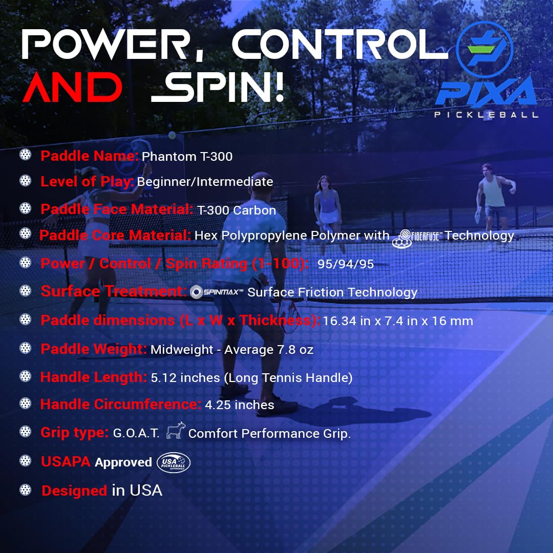 Phantom T300 Carbon Fiber Pickleball Paddle – Grit-Textured Surface for Spin & Control, Polypropylene Honeycomb Core, Tennis-Length Handle, Lightweight, USAPA Approved – PIXA Pickleball