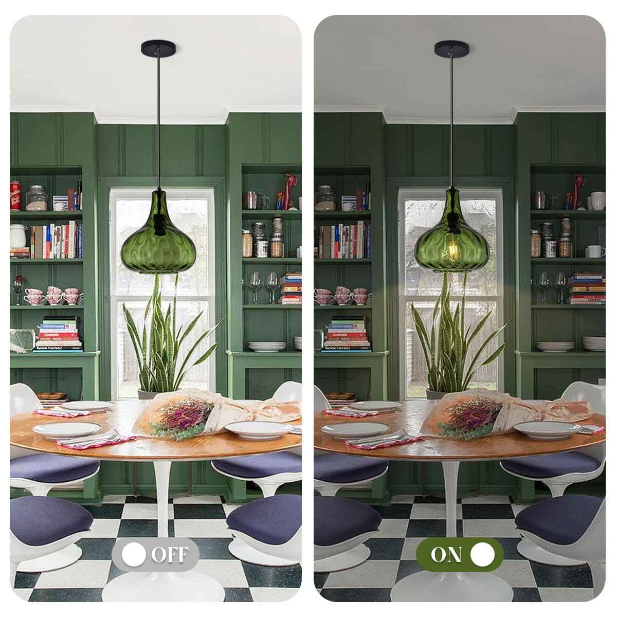 Qufute Green Glass Pendant Lighting Farmhouse Vintage Glass Globe Pendant Light Fixture, Mid-Century Modern Pendant Lamp Black Finish 9.45″ Shade for Kitchen Island Dining Room