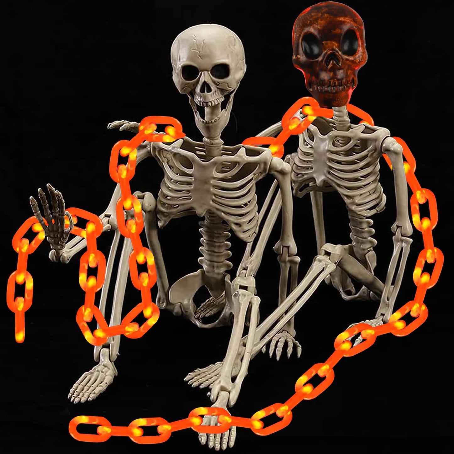X-GiftKey Halloween Decorations Outdoor Solar Skull Chain Lights,Light up Scary Skull with Orange Props Chain,for Skeleton Dog,8 Modes Lighted Halloween String Lights for Yard/Patio,Creepy Party Decor