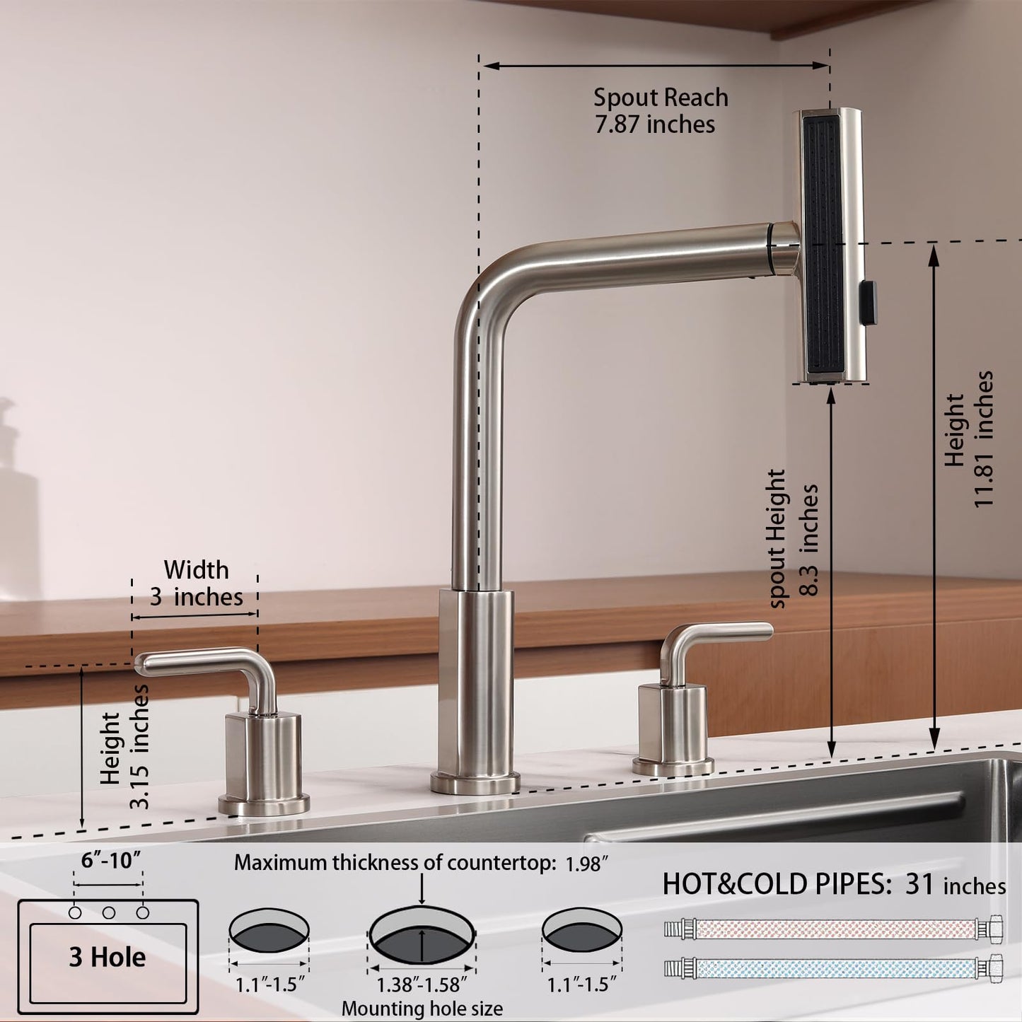 Kitchen Sink Faucet for 3 Hole with Pull Down Sprayer - 8 inch Two Handle Widespread Kitchen faucets Set with Pull Out Sprayer for Sink- Stainless Steel Brushed Nickel 3 Piece Faucet for Kitchen Sink