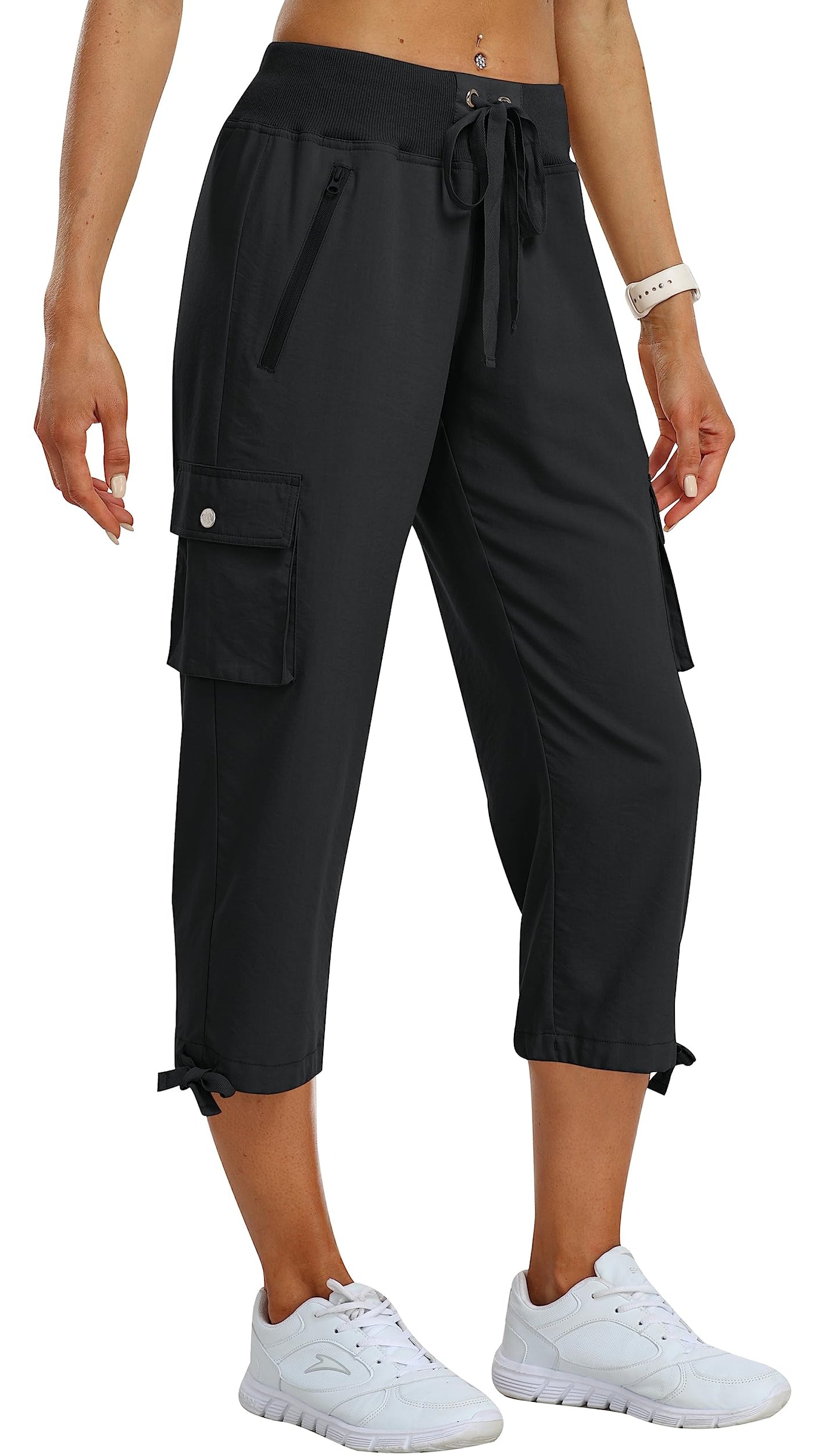 MoFiz Women's Cargo Capris Pants Loose Fit Casual Hiking Pants Lightweight Quick Dry Travel Summer Pants for Women Black M