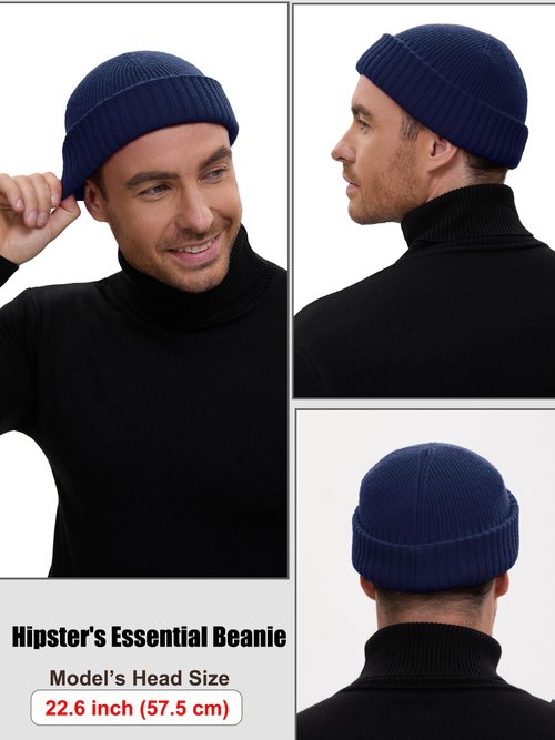 choshion Wool Short Fisherman Beanie for Men Women, Double Cuffed Knit Skull Caps Trawler Beanies Watch Cap Warm Winter Hats, Navy Blue