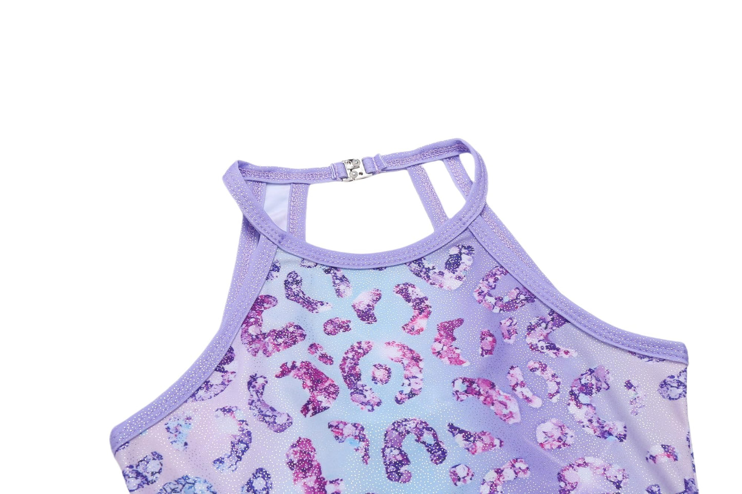 Zaclotre Girls Gymnastics Outfit Sparkly Sleeveless Clasp Back Dance Leotard with Gym Shorts Purple Leopard 7-8Y