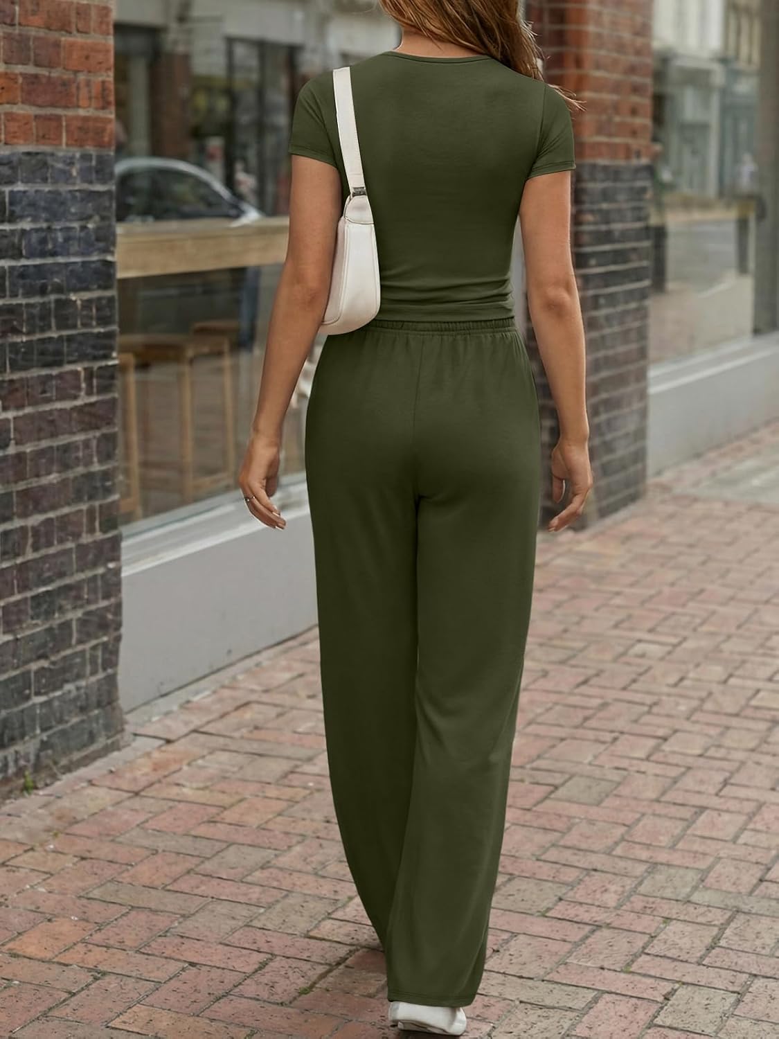 Trendy Queen Women's 2-Piece Lounge Set - Summer Henley Crop Top & Wide Leg Pants | Casual Comfort