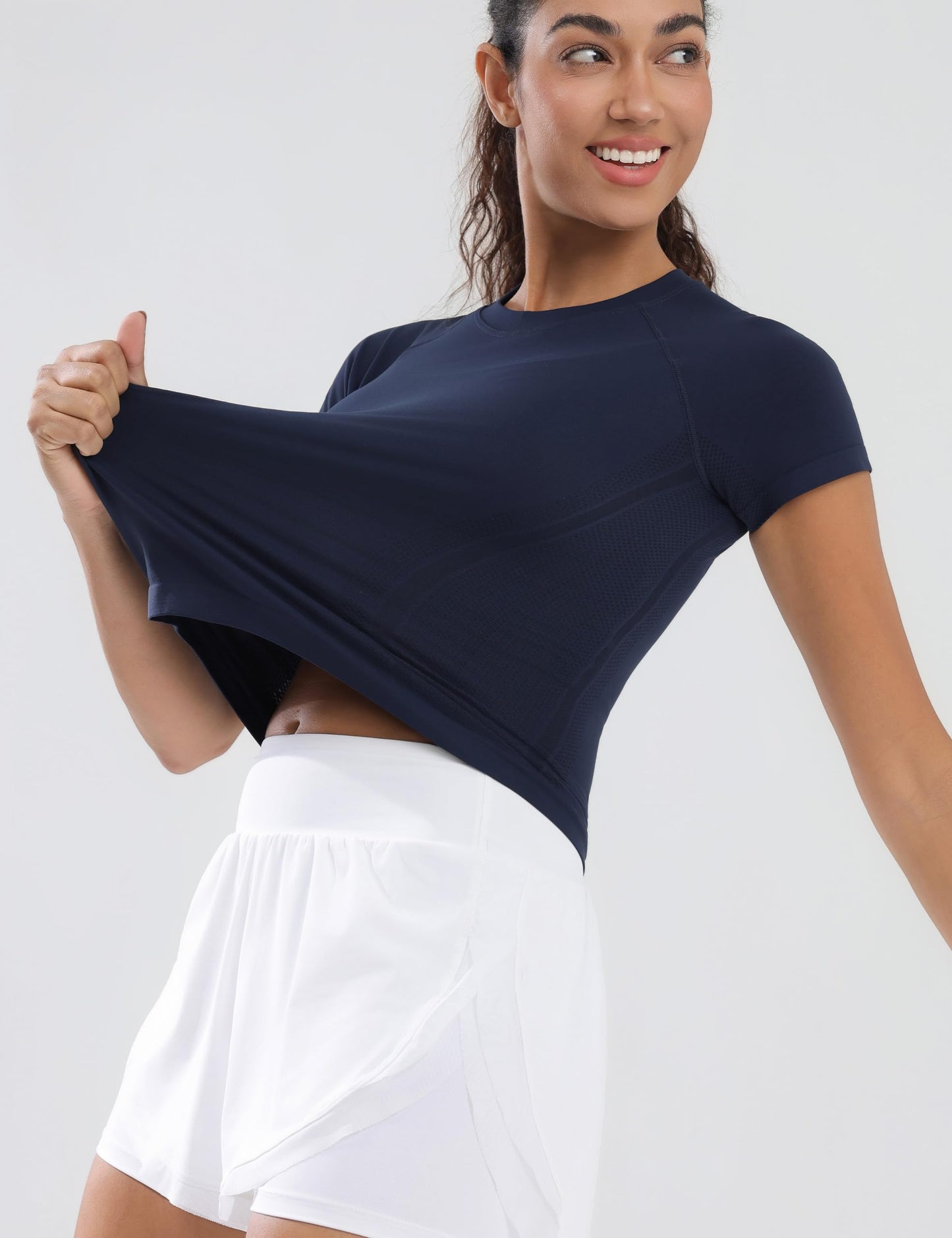 Nyvalle Workout Tops for Women Hip Length Athletic Running Gym Yoga Short Sleeve Shirts Seamless Breathable Crewneck Tees Navy