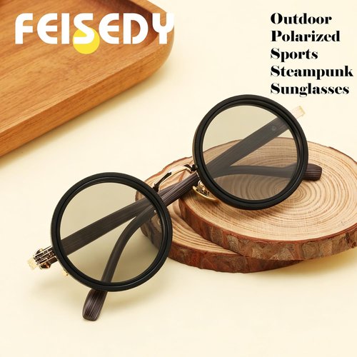 FEISEDY Polarized Sunglasses - Adjustable Manual Dimming, Wood-Grain Temples, UV400 Protection