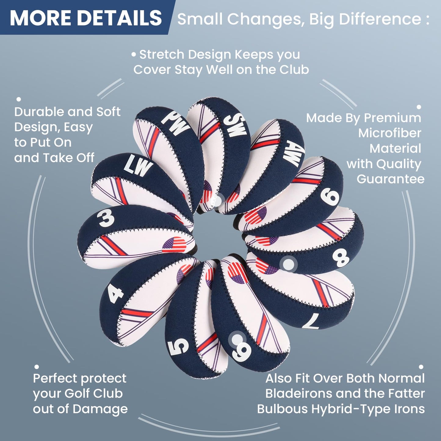 Amy Sport USA Flag Design Golf Iron Head Covers Value 11 Pack, Printed Numbers & Lightweight Wedge Iron Protective Neoprene Headcover, Universal Fit Main Irons Clubs (USA Flag)